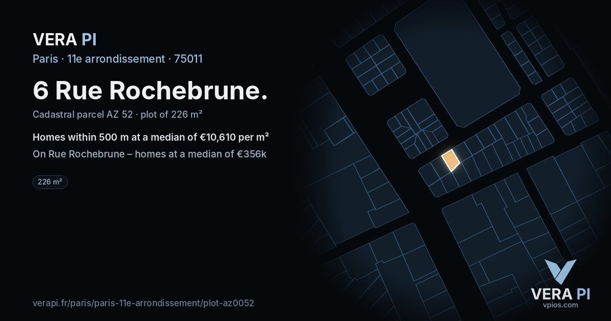 6 Rue Rochebrune, 11e arrondissement at night – the plot lit, the parcels around coloured by the prices near them