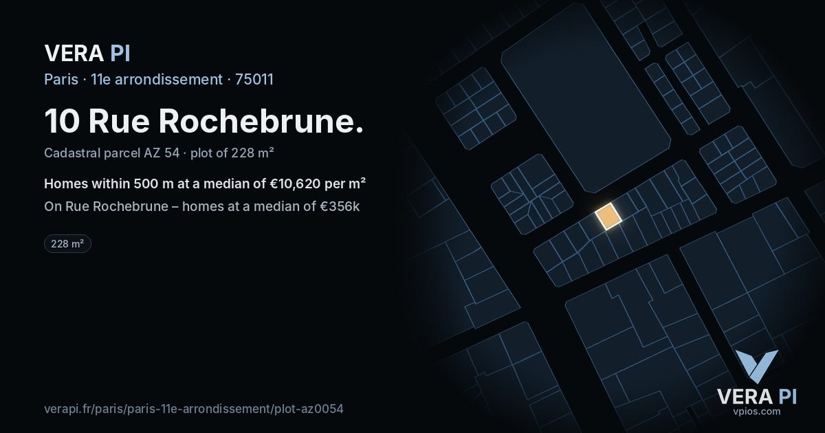 10 Rue Rochebrune, 11e arrondissement at night – the plot lit, the parcels around coloured by the prices near them
