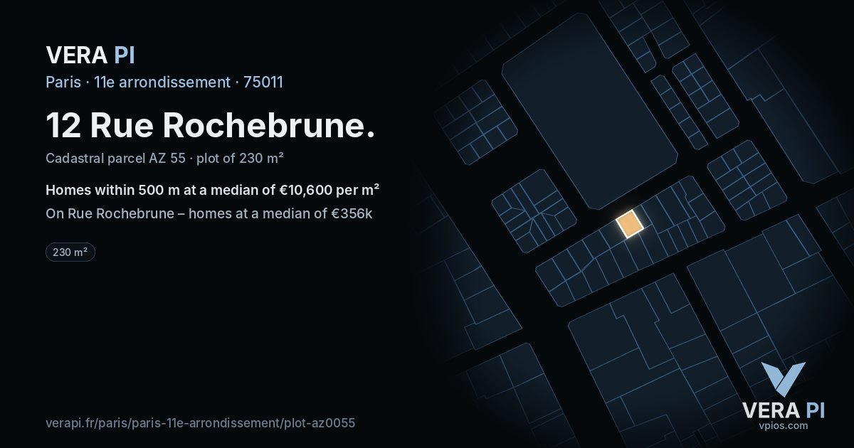 12 Rue Rochebrune, 11e arrondissement at night – the plot lit, the parcels around coloured by the prices near them