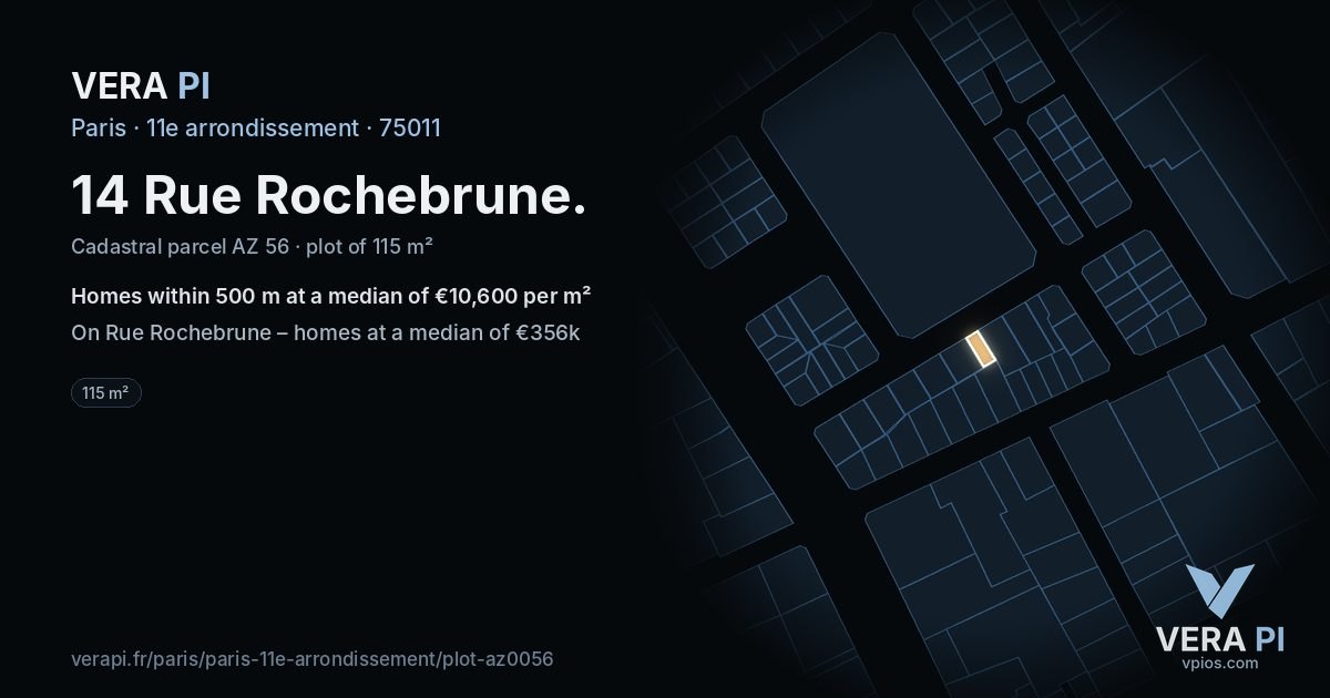 14 Rue Rochebrune, 11e arrondissement at night – the plot lit, the parcels around coloured by the prices near them