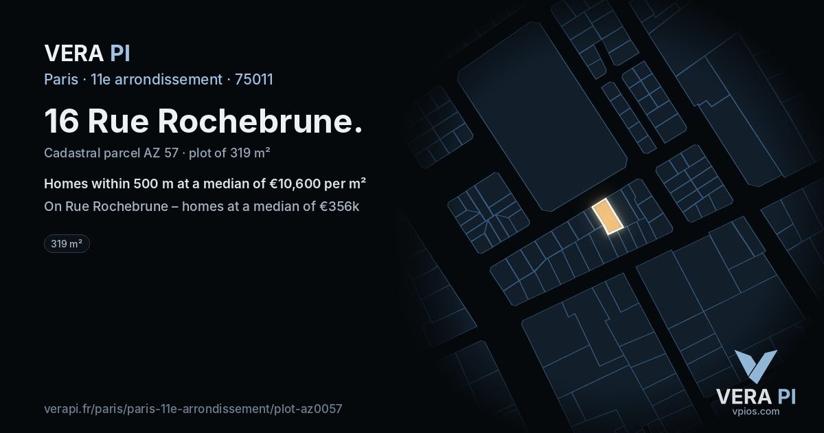 16 Rue Rochebrune, 11e arrondissement at night – the plot lit, the parcels around coloured by the prices near them