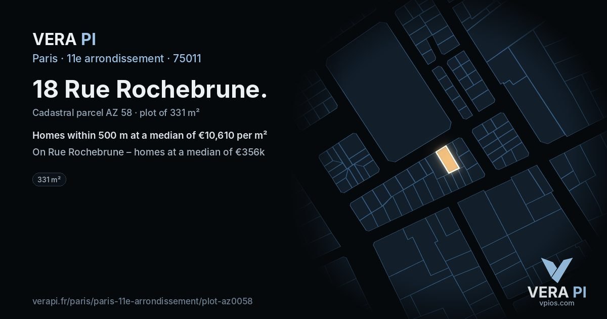 18 Rue Rochebrune, 11e arrondissement at night – the plot lit, the parcels around coloured by the prices near them