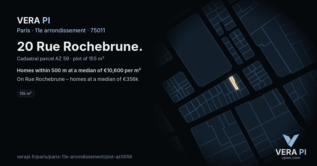 20 Rue Rochebrune, 11e arrondissement at night – the plot lit, the parcels around coloured by the prices near them