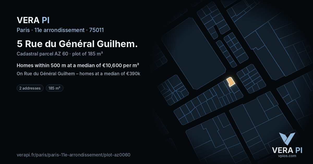 5 Rue du Général Guilhem, 11e arrondissement at night – the plot lit, the parcels around coloured by the prices near them