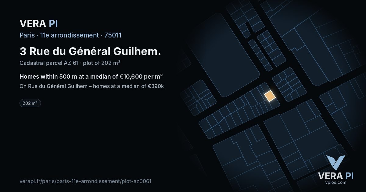 3 Rue du Général Guilhem, 11e arrondissement at night – the plot lit, the parcels around coloured by the prices near them