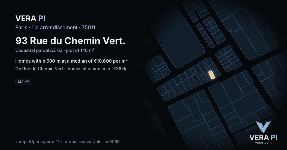 93 Rue du Chemin Vert, 11e arrondissement at night – the plot lit, the parcels around coloured by the prices near them