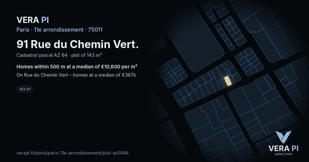 91 Rue du Chemin Vert, 11e arrondissement at night – the plot lit, the parcels around coloured by the prices near them