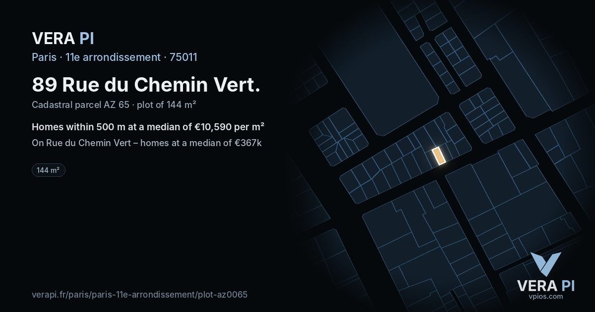 89 Rue du Chemin Vert, 11e arrondissement at night – the plot lit, the parcels around coloured by the prices near them