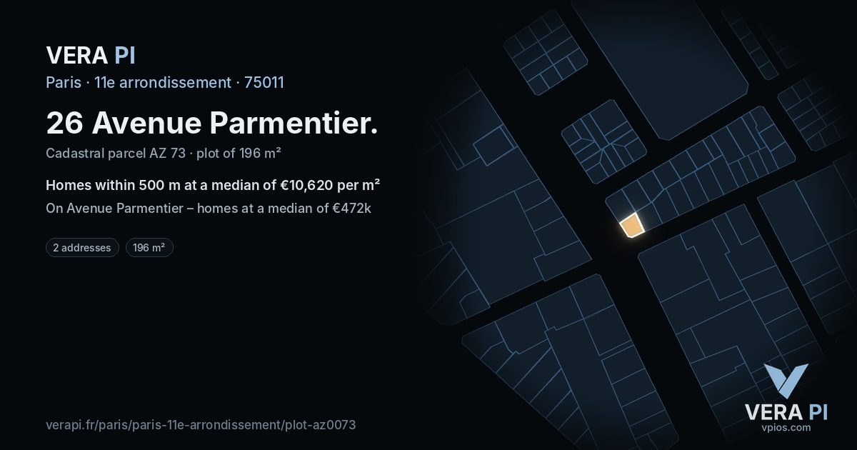 26 Avenue Parmentier, 11e arrondissement at night – the plot lit, the parcels around coloured by the prices near them