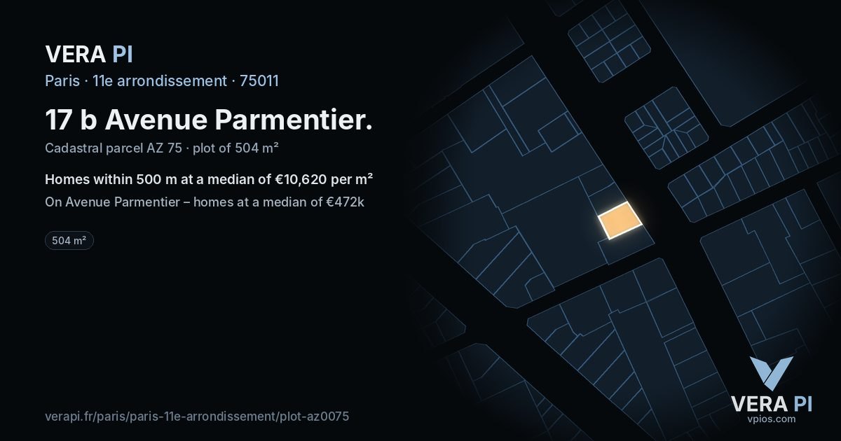 17 b Avenue Parmentier, 11e arrondissement at night – the plot lit, the parcels around coloured by the prices near them