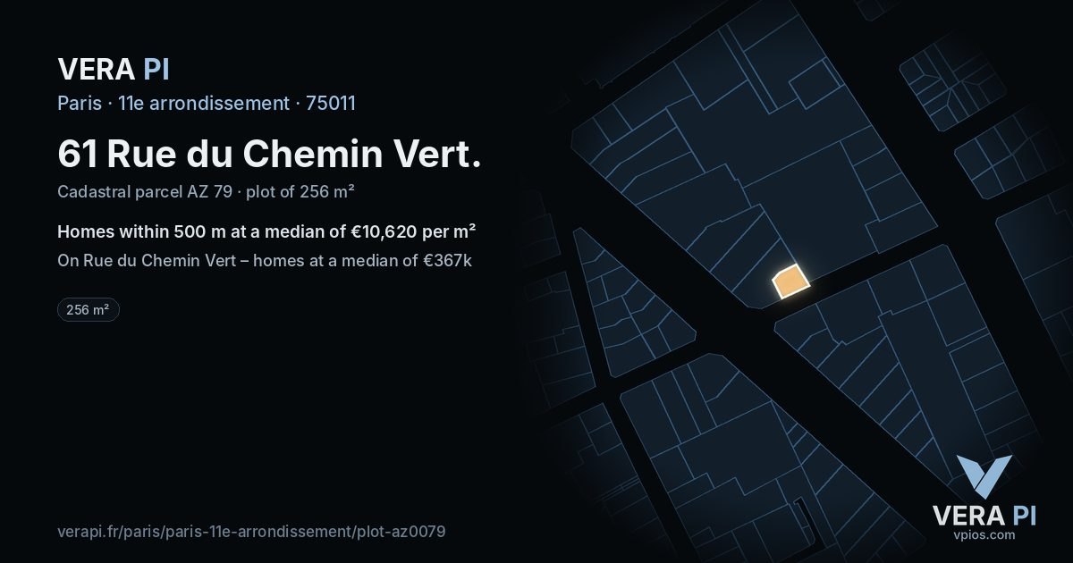 61 Rue du Chemin Vert, 11e arrondissement at night – the plot lit, the parcels around coloured by the prices near them