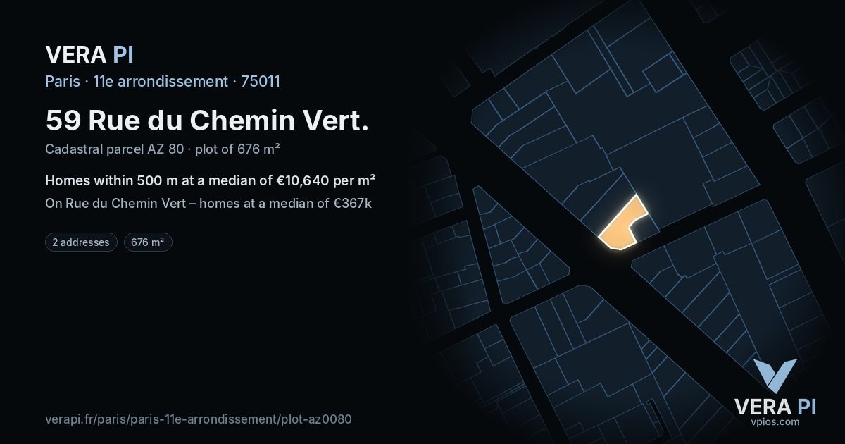 59 Rue du Chemin Vert, 11e arrondissement at night – the plot lit, the parcels around coloured by the prices near them