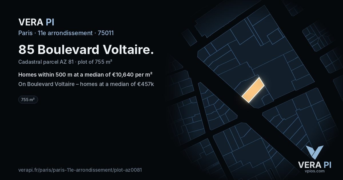 85 Boulevard Voltaire, 11e arrondissement at night – the plot lit, the parcels around coloured by the prices near them