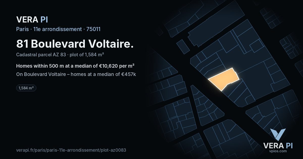 81 Boulevard Voltaire, 11e arrondissement at night – the plot lit, the parcels around coloured by the prices near them