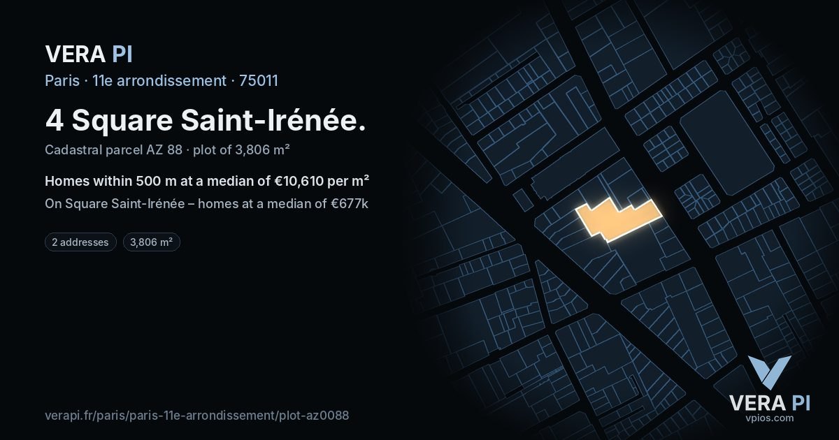 4 Square Saint-Irénée, 11e arrondissement at night – the plot lit, the parcels around coloured by the prices near them