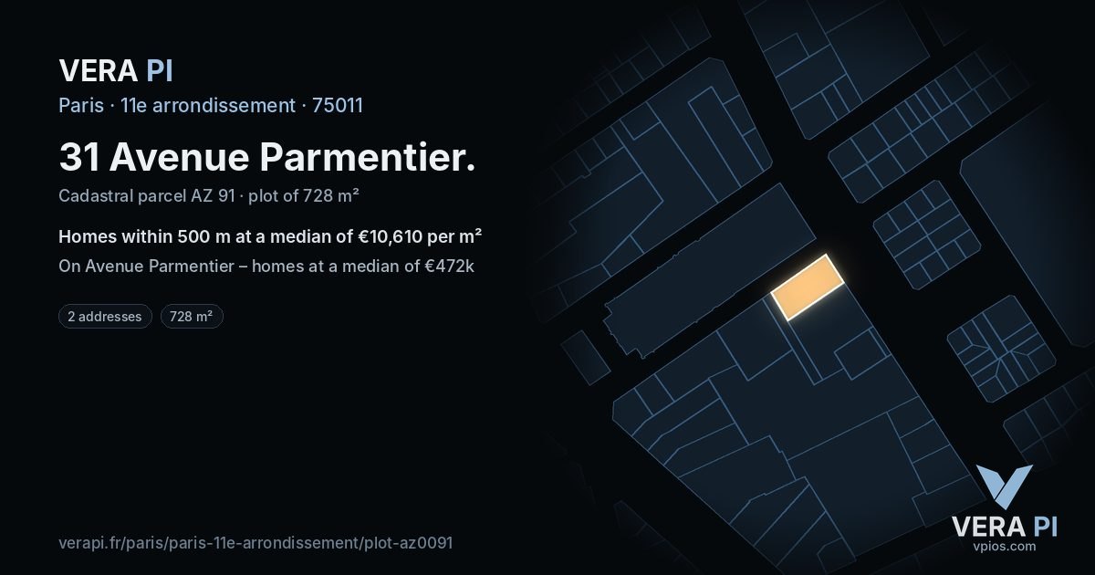 31 Avenue Parmentier, 11e arrondissement at night – the plot lit, the parcels around coloured by the prices near them