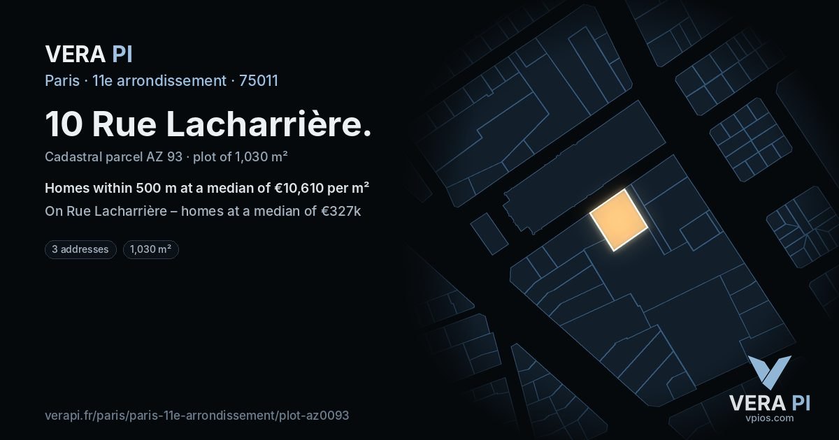 10 Rue Lacharrière, 11e arrondissement at night – the plot lit, the parcels around coloured by the prices near them