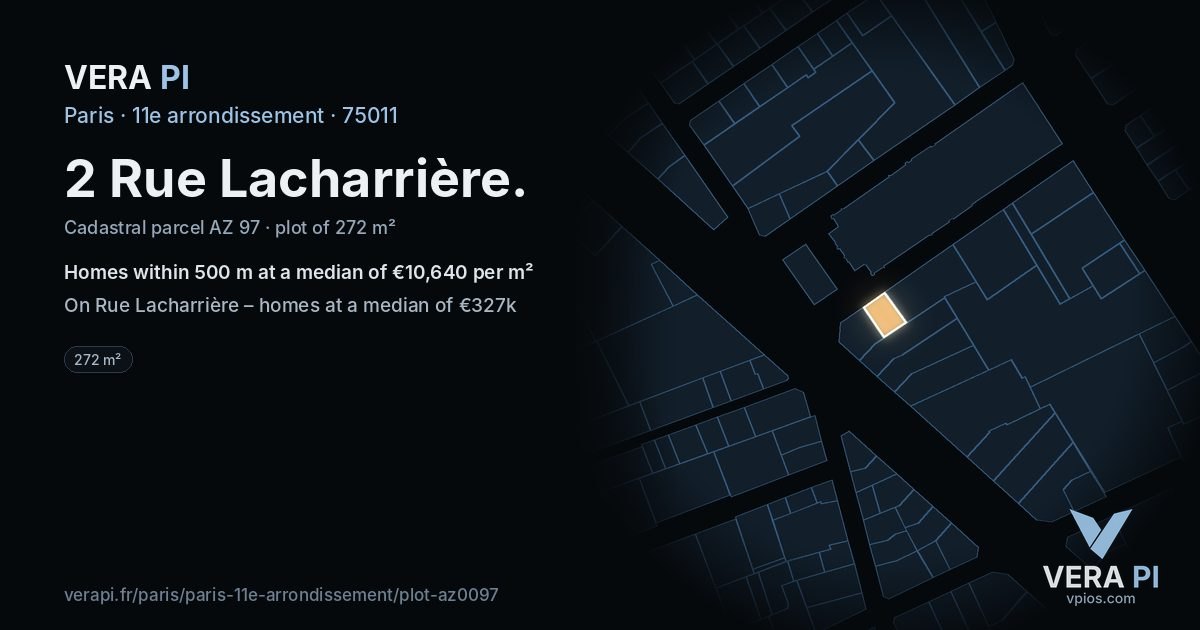2 Rue Lacharrière, 11e arrondissement at night – the plot lit, the parcels around coloured by the prices near them