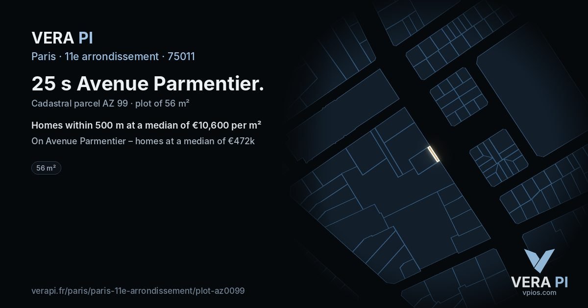 25 s Avenue Parmentier, 11e arrondissement at night – the plot lit, the parcels around coloured by the prices near them