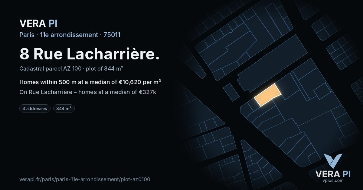 8 Rue Lacharrière, 11e arrondissement at night – the plot lit, the parcels around coloured by the prices near them
