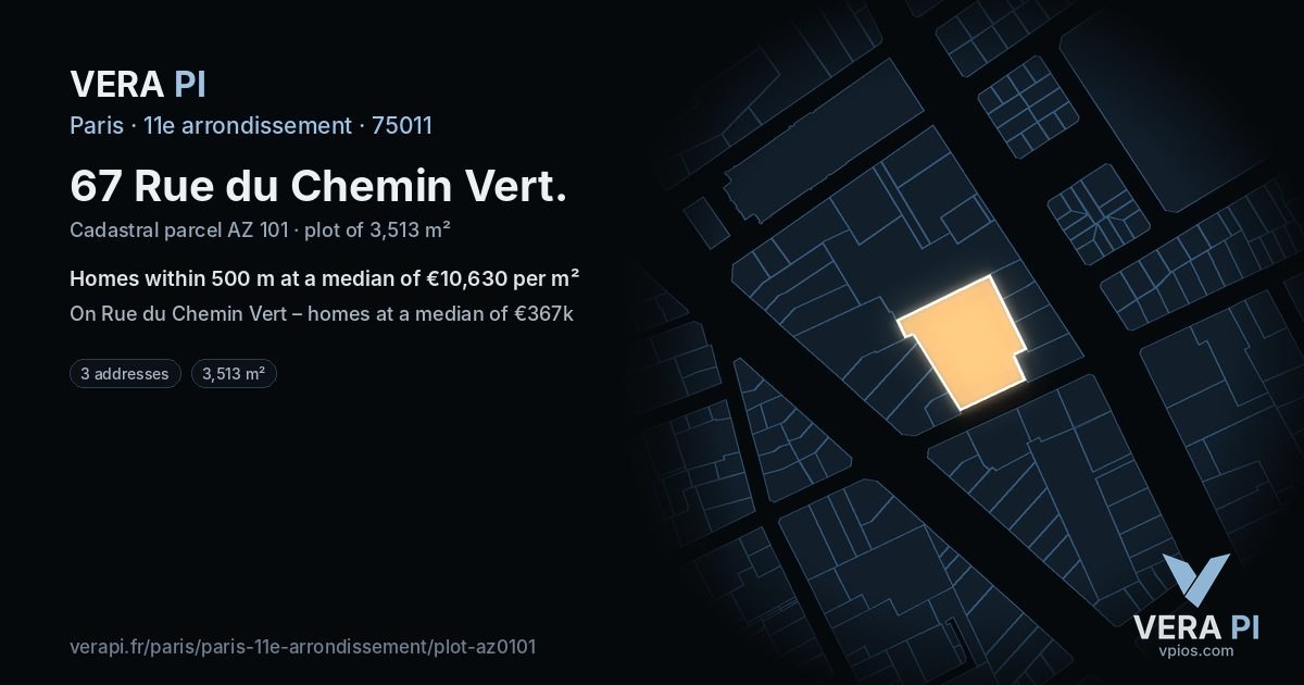 67 Rue du Chemin Vert, 11e arrondissement at night – the plot lit, the parcels around coloured by the prices near them