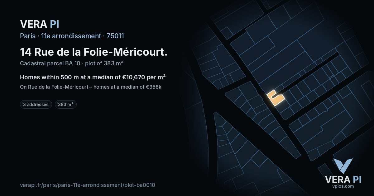 14 Rue de la Folie-Méricourt, 11e arrondissement at night – the plot lit, the parcels around coloured by the prices near them