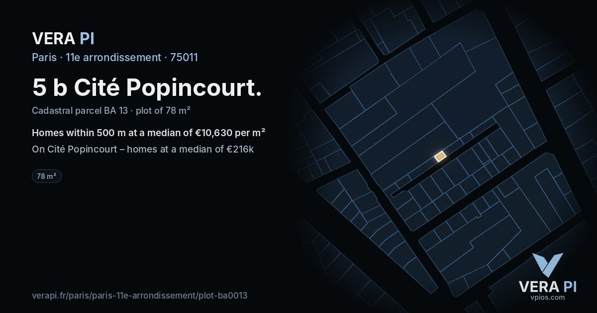 5 b Cité Popincourt, 11e arrondissement at night – the plot lit, the parcels around coloured by the prices near them