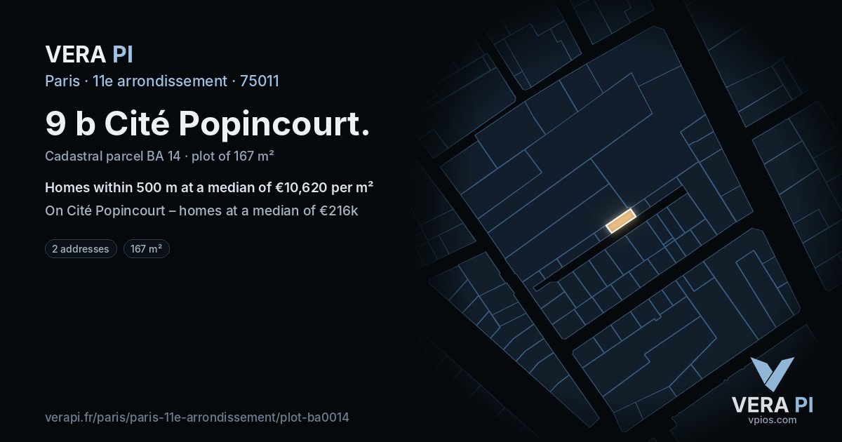 9 b Cité Popincourt, 11e arrondissement at night – the plot lit, the parcels around coloured by the prices near them