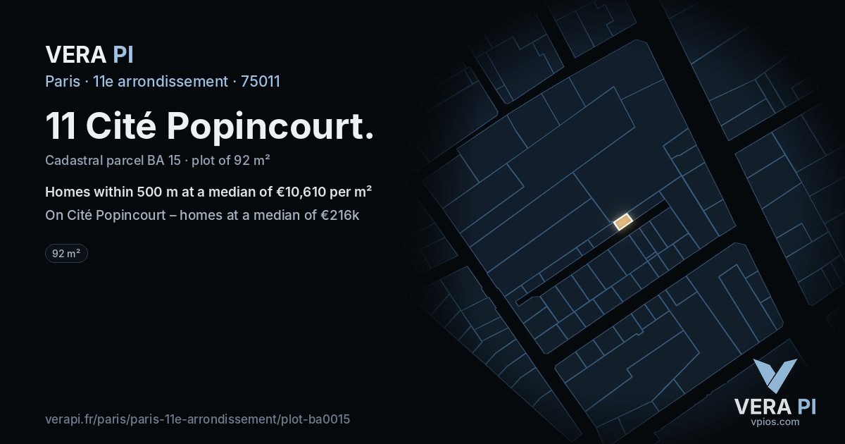 11 Cité Popincourt, 11e arrondissement at night – the plot lit, the parcels around coloured by the prices near them