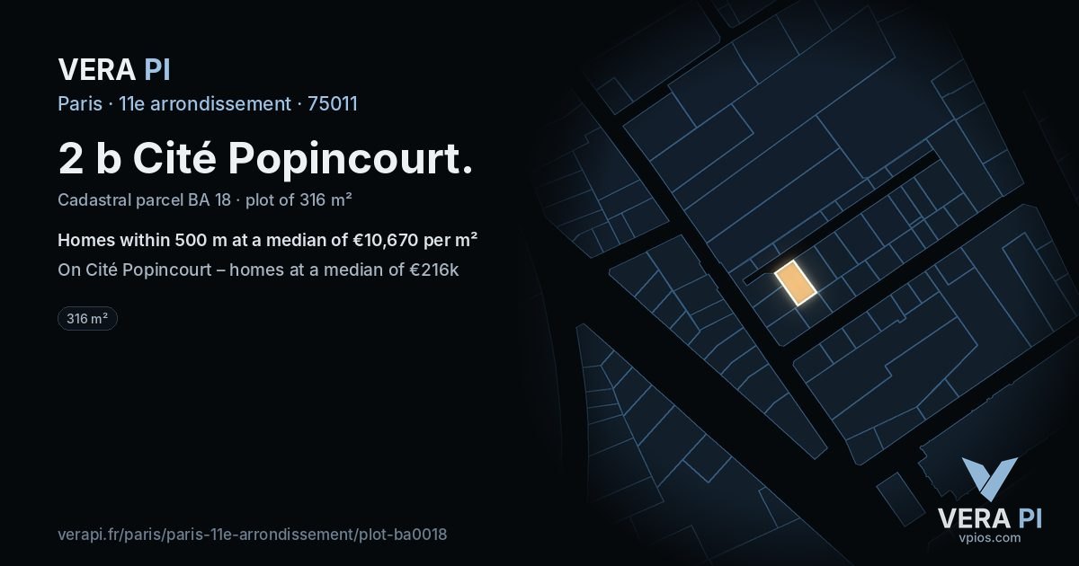 2 b Cité Popincourt, 11e arrondissement at night – the plot lit, the parcels around coloured by the prices near them