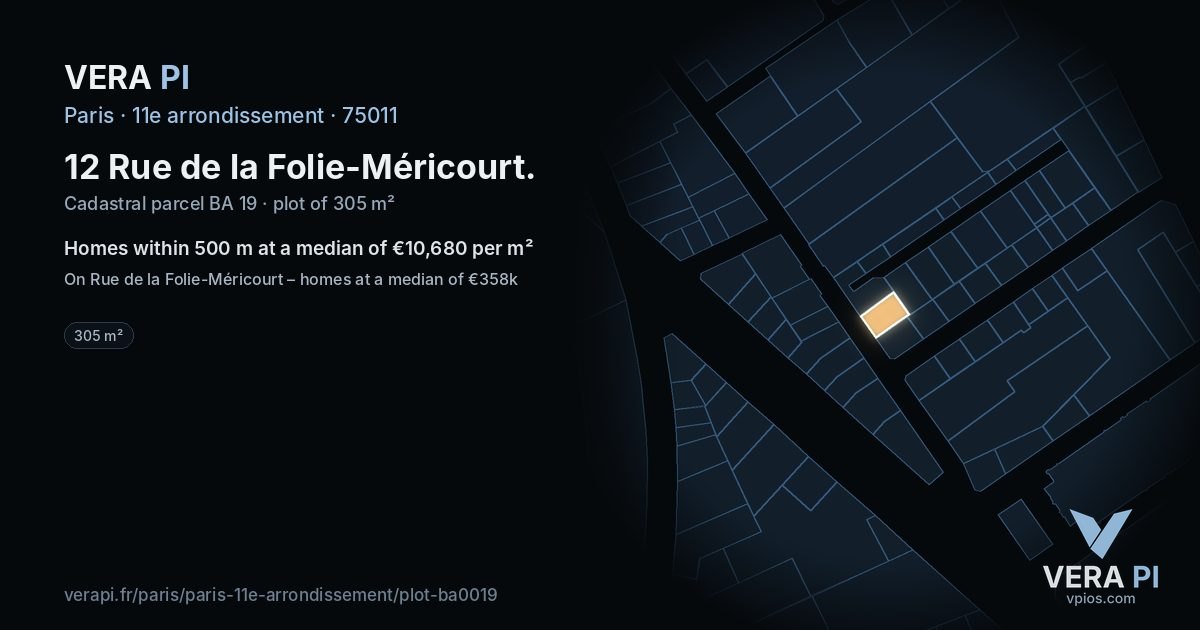 12 Rue de la Folie-Méricourt, 11e arrondissement at night – the plot lit, the parcels around coloured by the prices near them