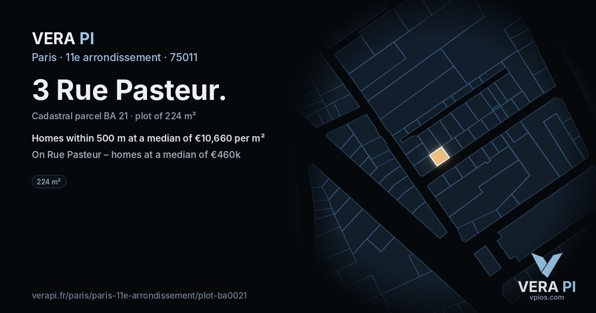 3 Rue Pasteur, 11e arrondissement at night – the plot lit, the parcels around coloured by the prices near them