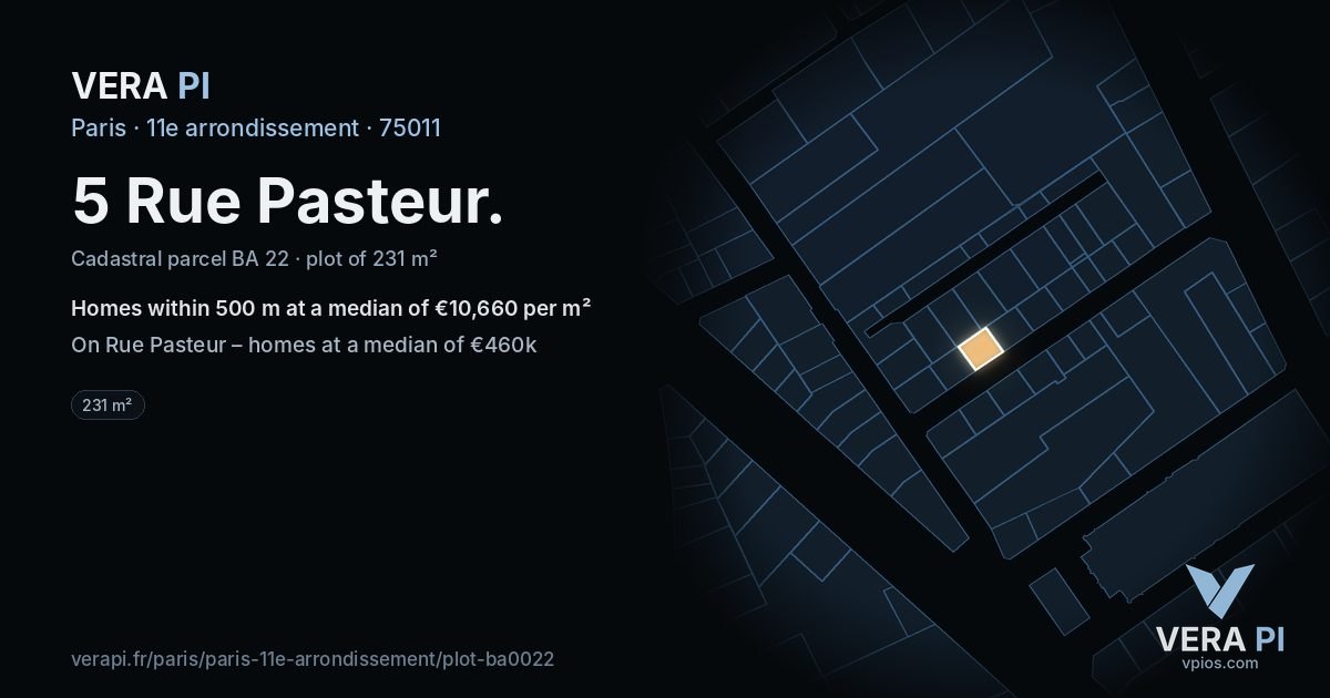 5 Rue Pasteur, 11e arrondissement at night – the plot lit, the parcels around coloured by the prices near them