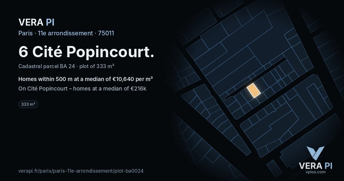 6 Cité Popincourt, 11e arrondissement at night – the plot lit, the parcels around coloured by the prices near them