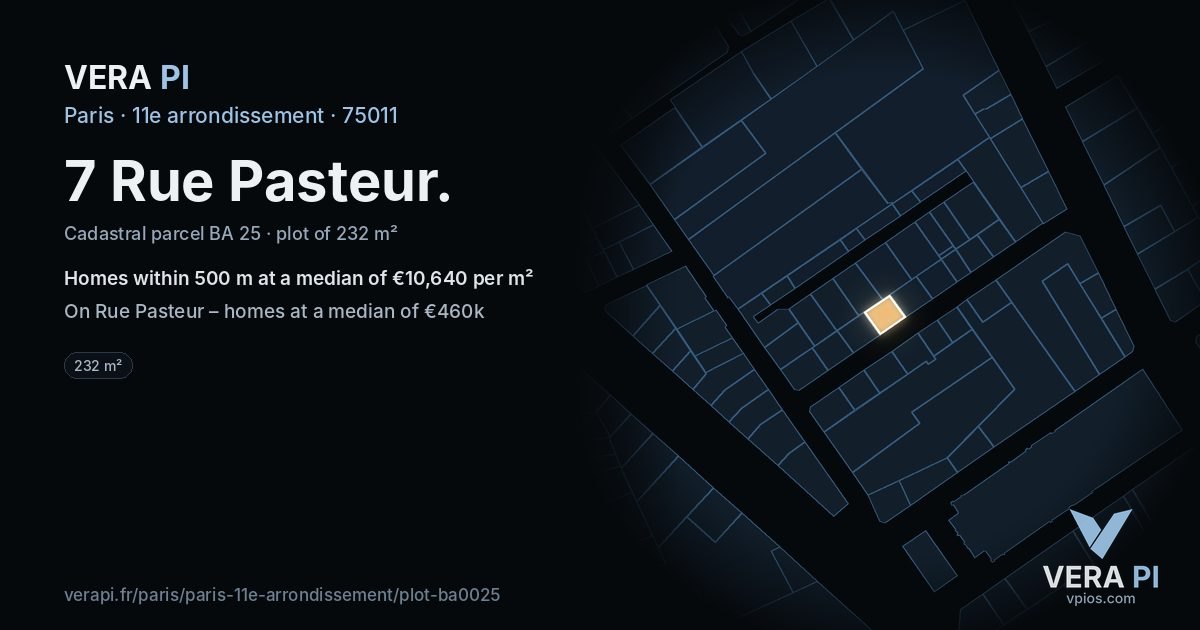 7 Rue Pasteur, 11e arrondissement at night – the plot lit, the parcels around coloured by the prices near them