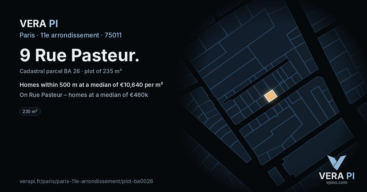 9 Rue Pasteur, 11e arrondissement at night – the plot lit, the parcels around coloured by the prices near them