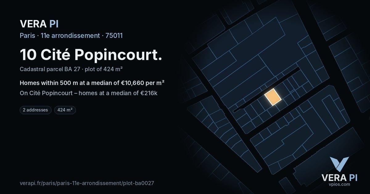 10 Cité Popincourt, 11e arrondissement at night – the plot lit, the parcels around coloured by the prices near them