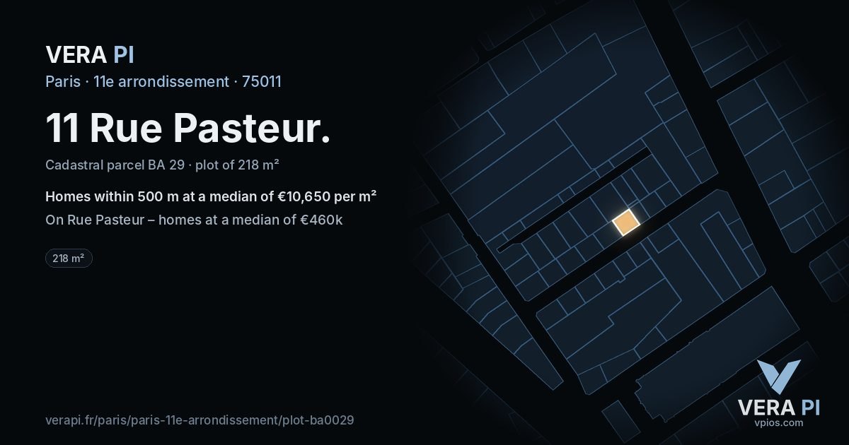 11 Rue Pasteur, 11e arrondissement at night – the plot lit, the parcels around coloured by the prices near them