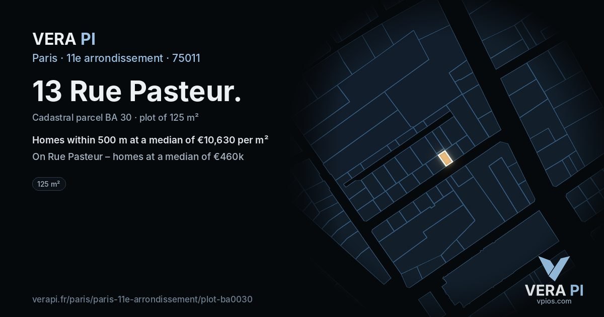13 Rue Pasteur, 11e arrondissement at night – the plot lit, the parcels around coloured by the prices near them