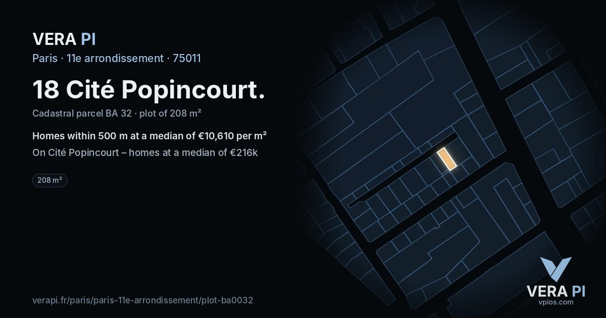 18 Cité Popincourt, 11e arrondissement at night – the plot lit, the parcels around coloured by the prices near them