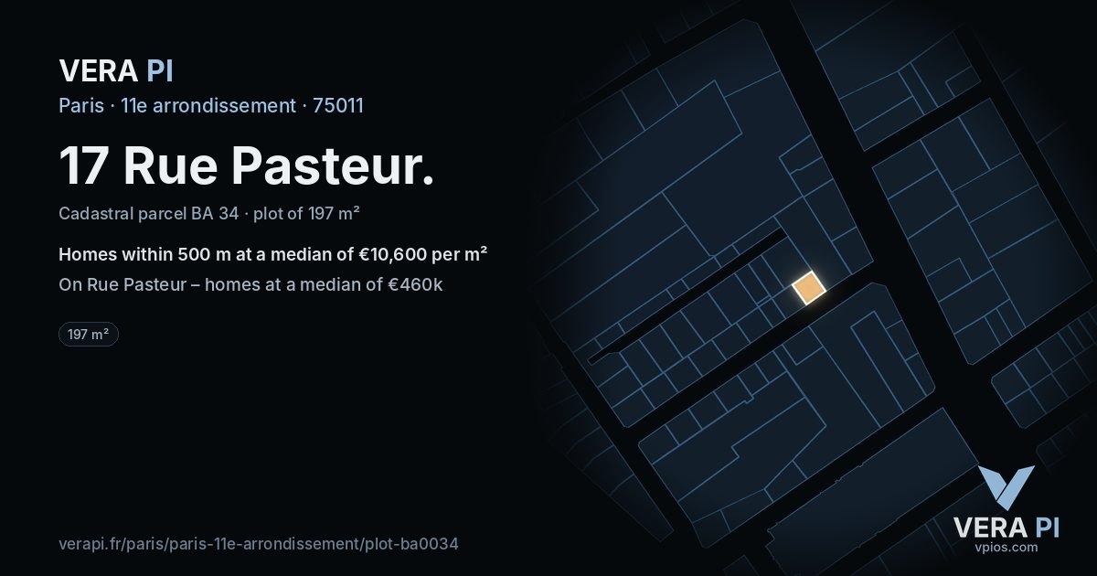 17 Rue Pasteur, 11e arrondissement at night – the plot lit, the parcels around coloured by the prices near them