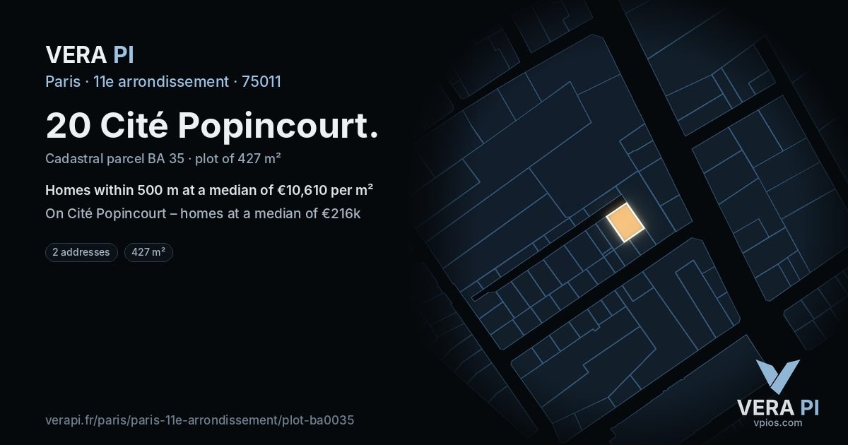 20 Cité Popincourt, 11e arrondissement at night – the plot lit, the parcels around coloured by the prices near them
