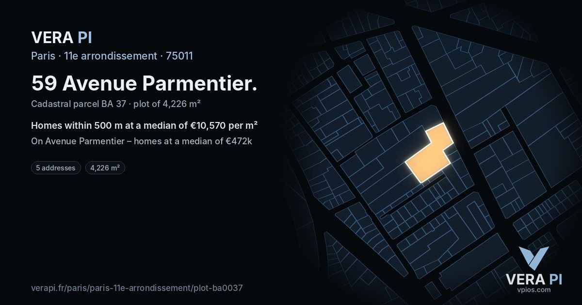 59 Avenue Parmentier, 11e arrondissement at night – the plot lit, the parcels around coloured by the prices near them