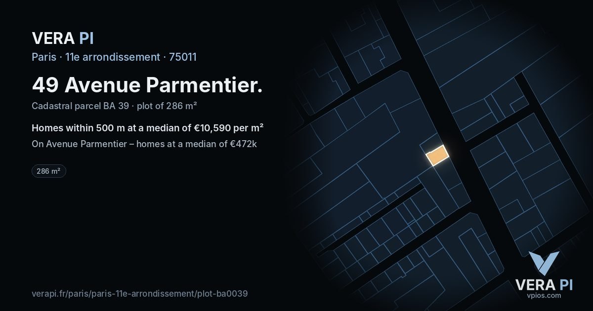 49 Avenue Parmentier, 11e arrondissement at night – the plot lit, the parcels around coloured by the prices near them