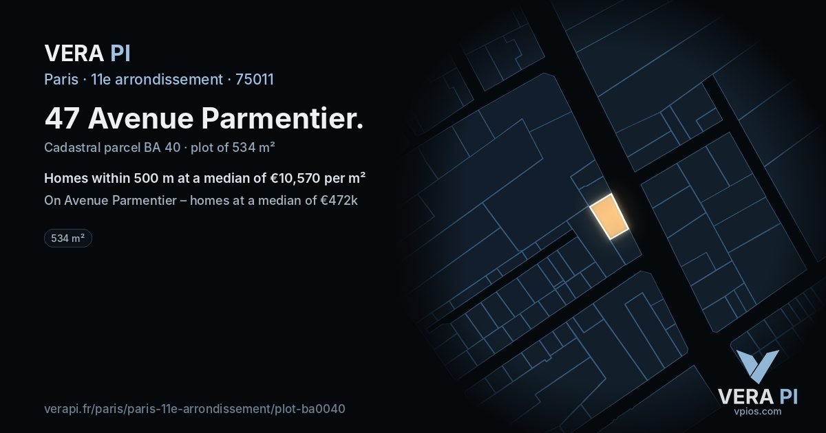 47 Avenue Parmentier, 11e arrondissement at night – the plot lit, the parcels around coloured by the prices near them