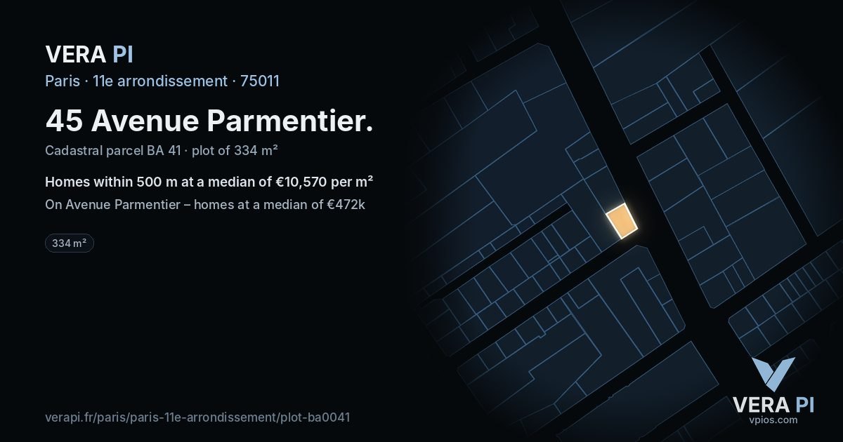 45 Avenue Parmentier, 11e arrondissement at night – the plot lit, the parcels around coloured by the prices near them