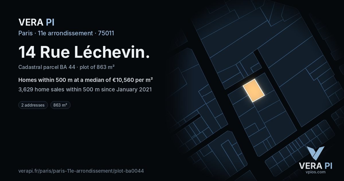 14 Rue Léchevin, 11e arrondissement at night – the plot lit, the parcels around coloured by the prices near them
