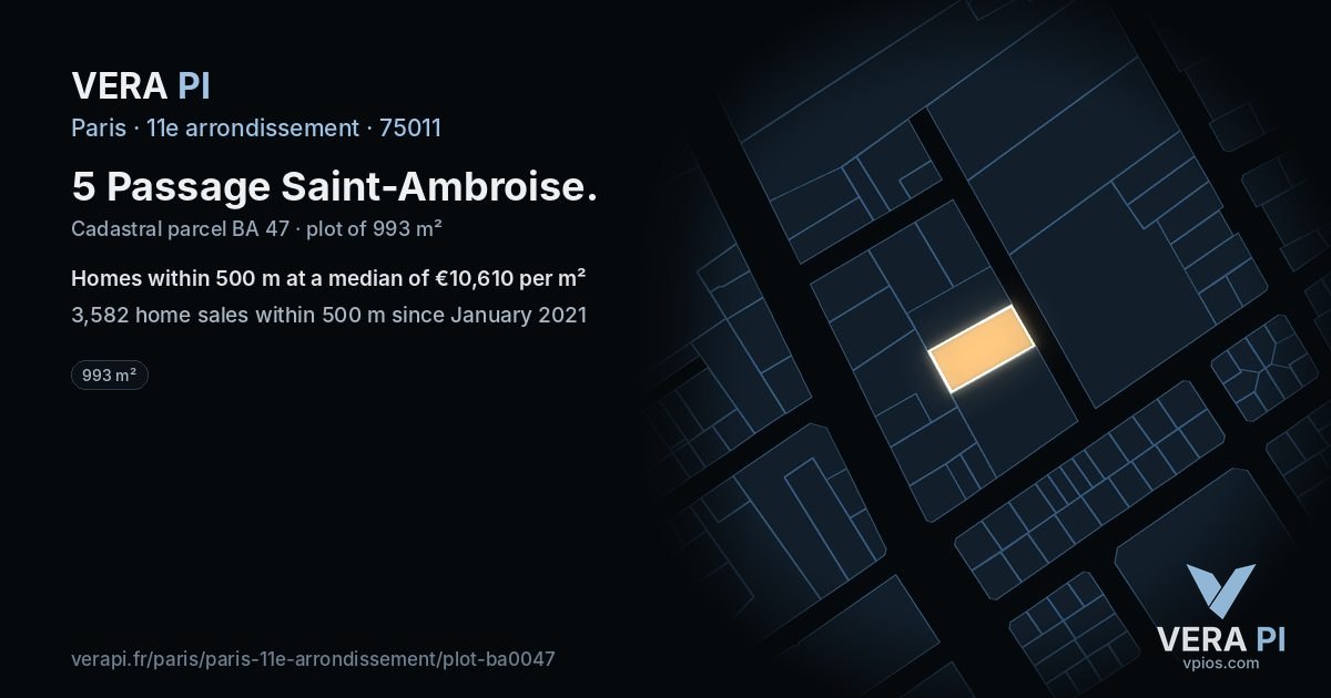 5 Passage Saint-Ambroise, 11e arrondissement at night – the plot lit, the parcels around coloured by the prices near them