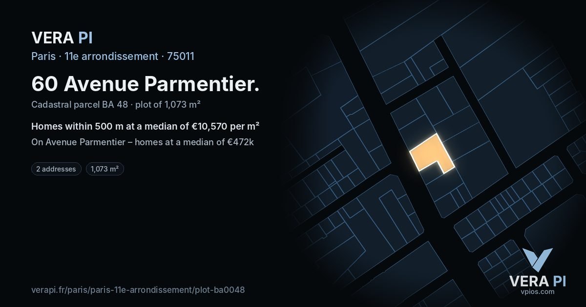 60 Avenue Parmentier, 11e arrondissement at night – the plot lit, the parcels around coloured by the prices near them