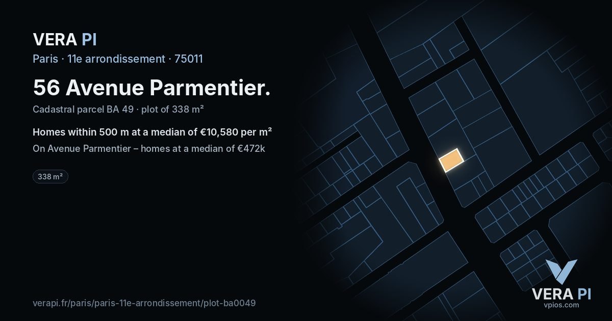 56 Avenue Parmentier, 11e arrondissement at night – the plot lit, the parcels around coloured by the prices near them